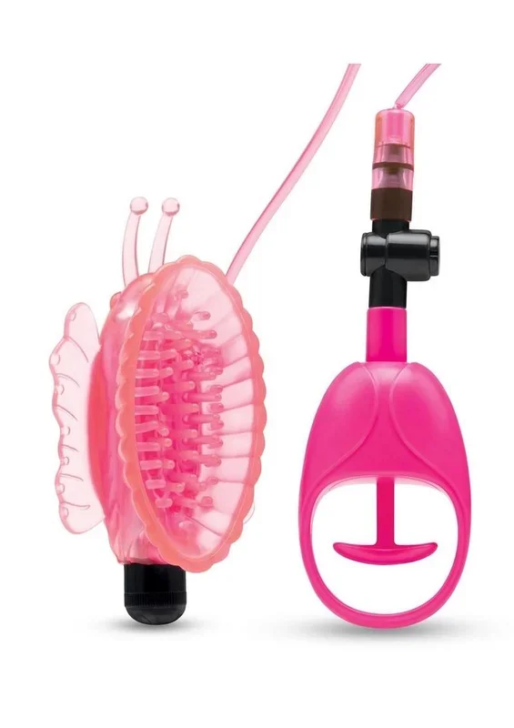 Lux Fetish Vibrating Butterfly Pussy Pump with Quick Release – Pink/Black