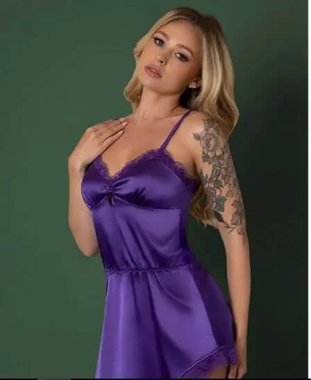 Magic Silk Satin Petals Chemise & G-String Set Purple S M