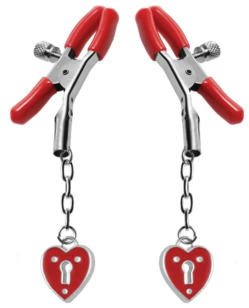 Master Series Charmed Heart Padlock Nipple Clamps – Red