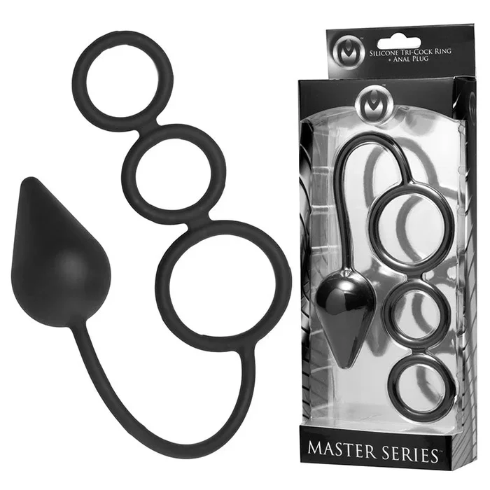 Master Series Silicone Tri-Cock Ring & Anal Plug – Black Cock & Balls Rings with Anal Plug