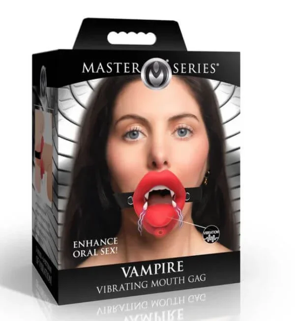 Master Series Vampire Vibrating Rechargeable Silicone Mouth Gag – Red