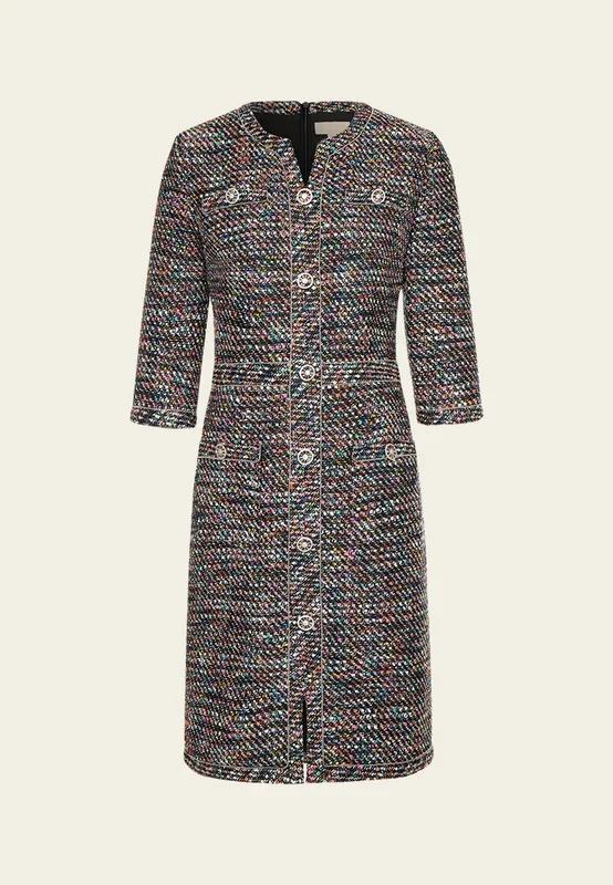 Mixed tweed V-neck Hollow-carved Crystal Button Metalic-trim Dress