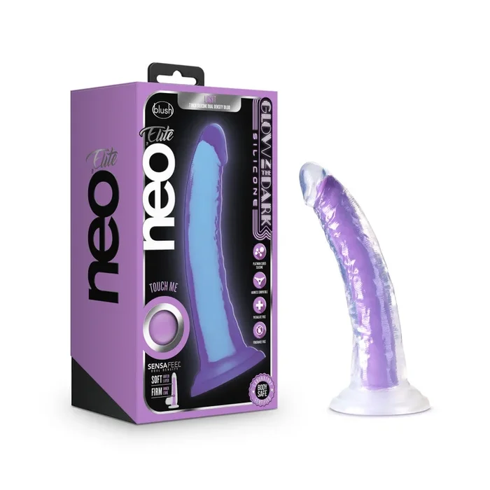 Neo Elite By Blush® | Glow In The Dark Neon Purple: 7.5-Inch Long Dildo – Made with Purio™ Silicone & SensaFeel® Dual Density Realistic Technology