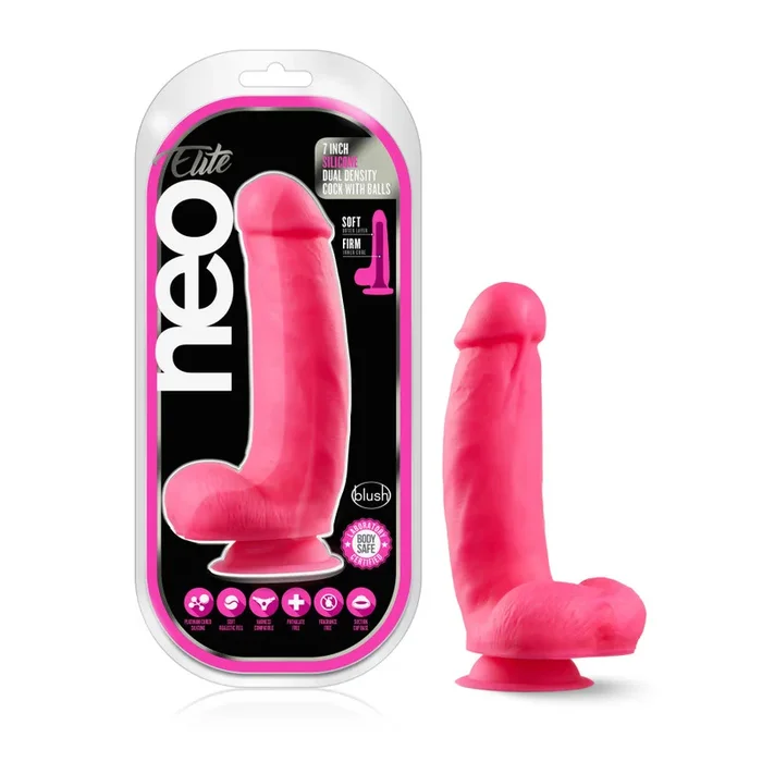 Neo Elite By Blush® | Neon Pink: 7-Inch Long Dildo – Made with Purio™ Silicone & SensaFeel® Dual Density Realistic Technology