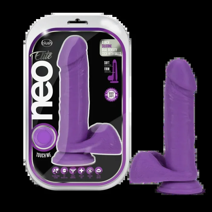 Neo Elite By Blush® | Neon Purple: 8-Inch Long Dildo – Made with Purio™ Silicone & SensaFeel® Dual Density Realistic Technology
