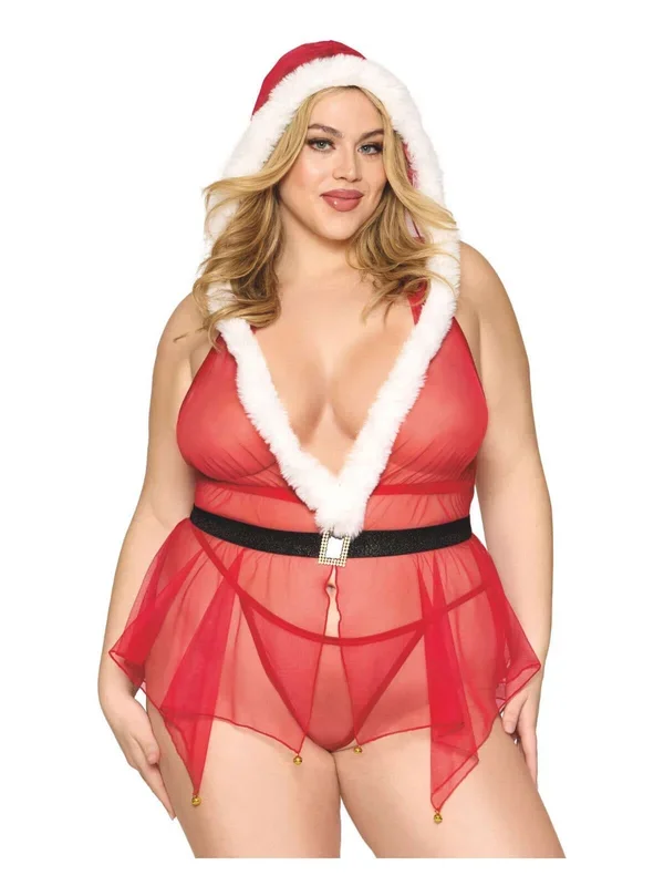 North Pole Hottie Santa-Themed Mesh Babydoll Set – Poinsettia Q/S – Dreamgirl
