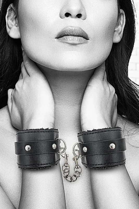 Ouch by Shots Toys – Black & White – Plush Adjustable Bonded Leather Wrist Cuffs – Black