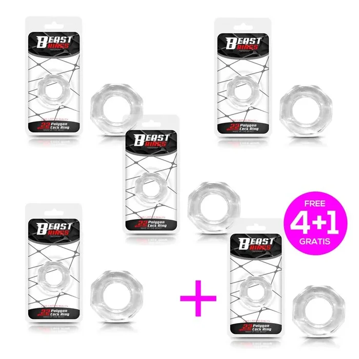 Pack 4+1 Penis Ring Super Flexible Polygon 2.2 cm Clear