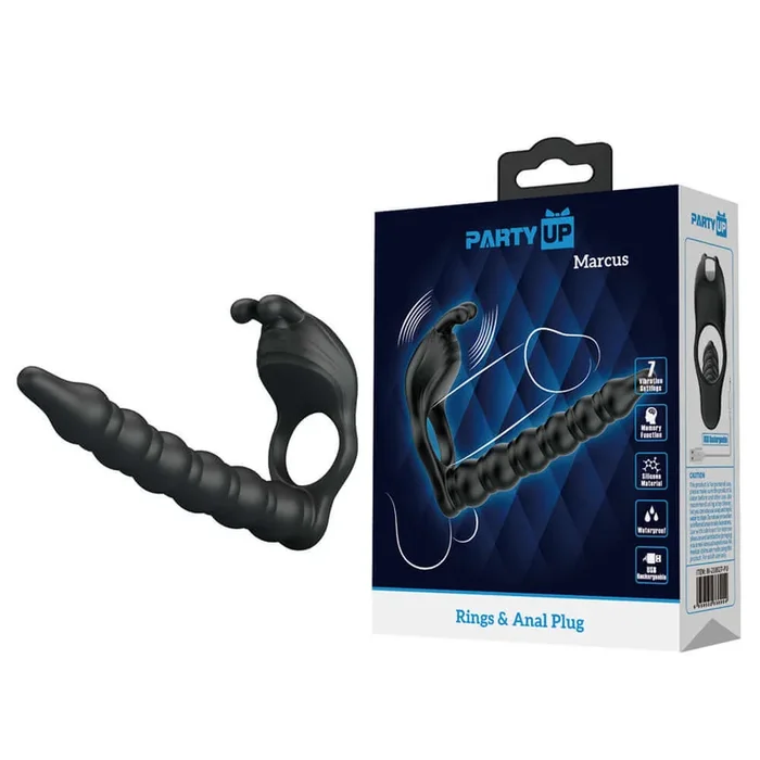 Party Up MARCUS Ring & Anal Plug – Black USB Rechargeable Vibrating Cock Ring with Double Penetrator