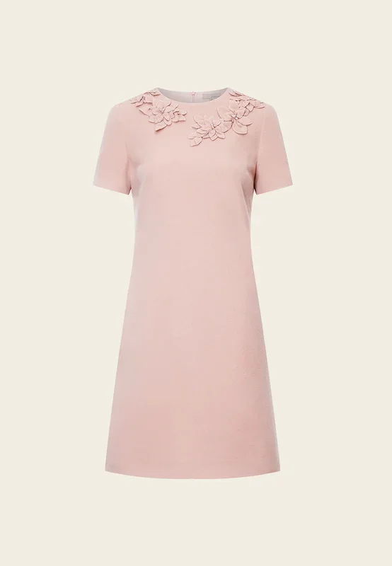 Pink Embellished Wool Short Sleeves Dress