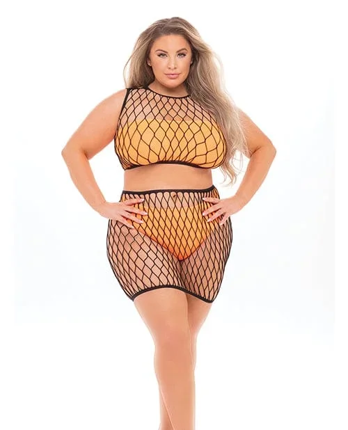 Pink Lipstick Crave You Lrge Fshnet Cmi Top, Skrt, Bndeau Top & Pnty (fits Up To 3x) Neon Ornge One Size Fits Most Plus Size