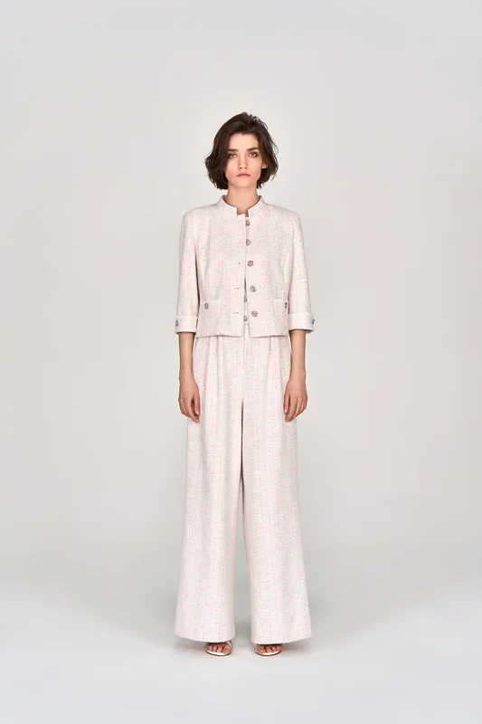 Pink Stand Collar Stretch Tweed Jacket