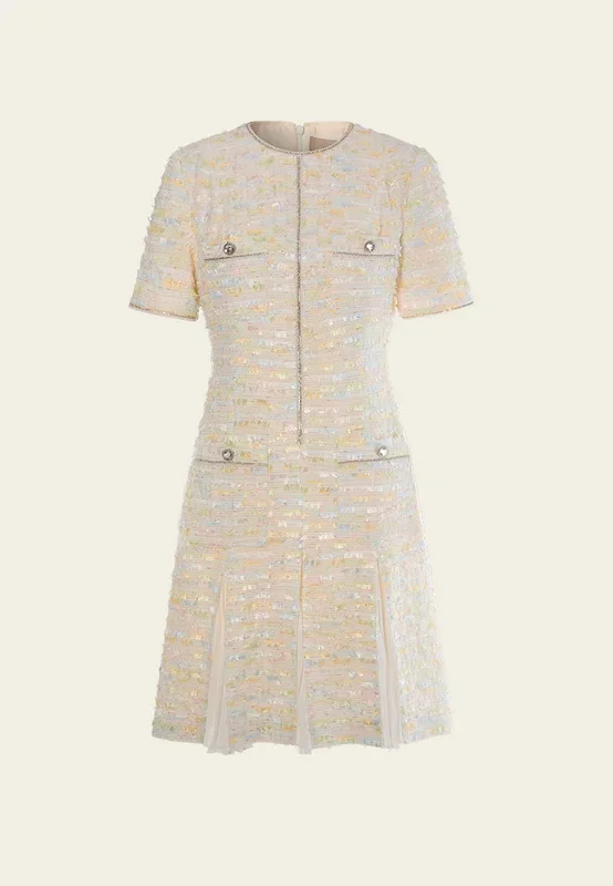 Pleated-detail Frayed-detail Crystal-trim Dress