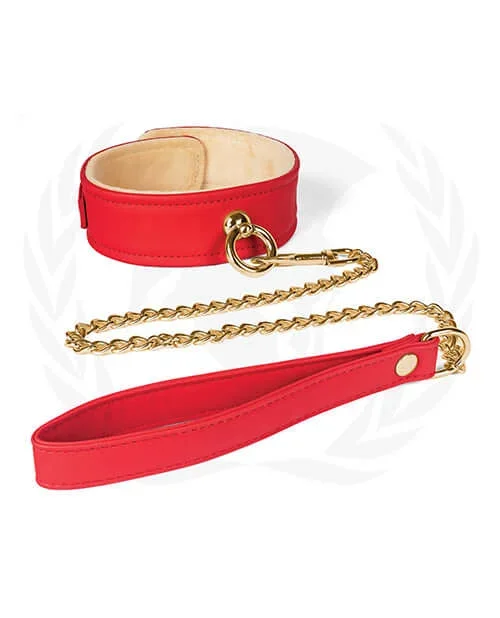 Plush Lined Red Polyurethane PU Collar and Chain Leash