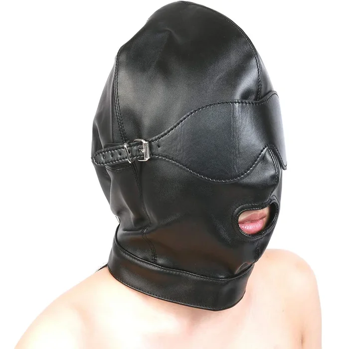 PU Leather Hood Mask with Open Mouth and Blindfold – Black