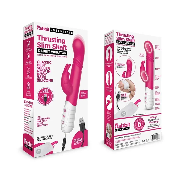 Rabbit Essentials Thrusting Slim Shaft Rabbit Vibrator Pink