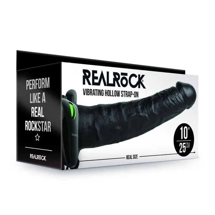 REALROCK Vibrating Hollow Strap-on – 24.5 cm Black – Black 24.5 cm Vibrating Hollow Strap-On
