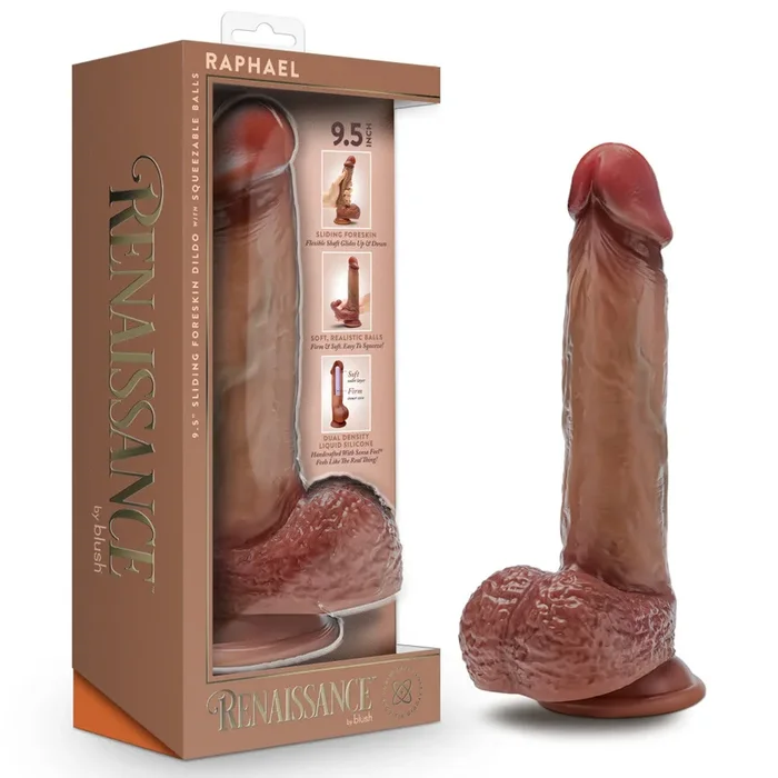 Renaissance By Blush® | Raphael 9.5 Inch Realistic Dildo With Sliding Foreskin & Squeezable Balls – Dual Density – Liquid Silicone – Tan