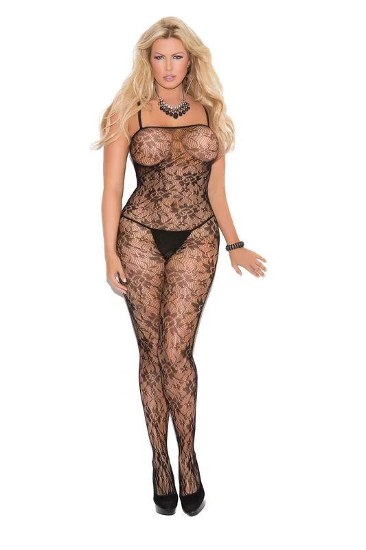 Rose Lace Bodystocking With Open Crotch – Queen Size – Black