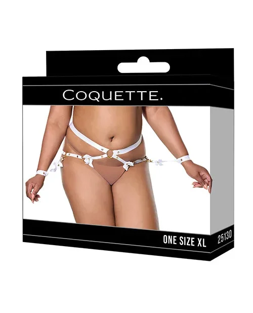Satin Ribbon w/Elastic Harness & Cuffs Set – White/Gold QN
