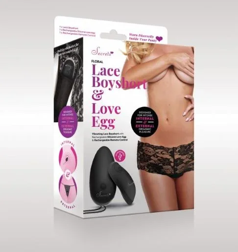 SECRETS VIBRATING FLORAL LACE BOY SHORT RECHARGEABLE BLACK O/S