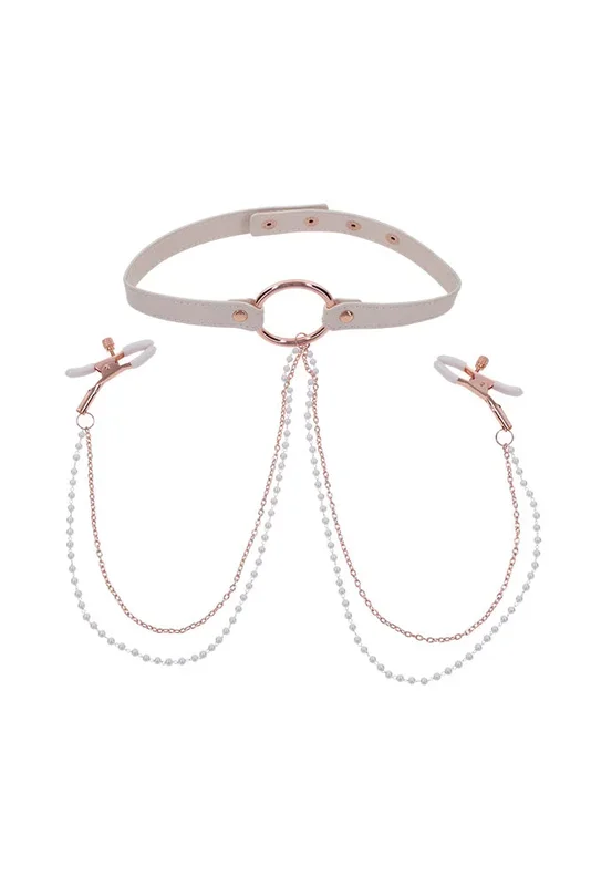 Sex & Mischief – Peaches ‘N CreaMe – Collar With Nipple Clamps – Peach/Rose Gold