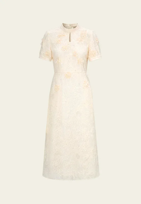 Stand-collar Oriental Pop-up Flowers Mesh Cheung Sham