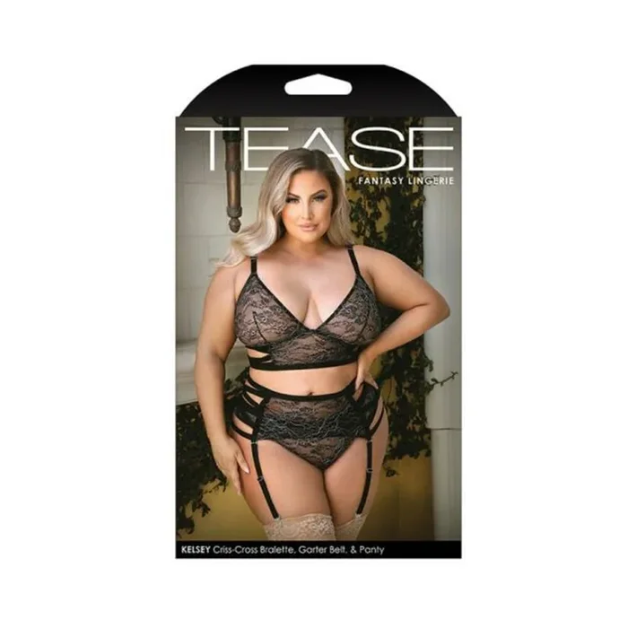 Tease Kelsey Criss-cross Metallic Lace Bralette, Garter Belt, & Panty Black 3x/4x