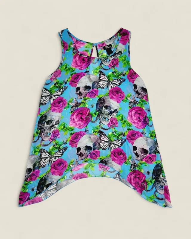 TEENAGE RUNAWAY SHEER SKULL & FLORAL TOP LADIES MEDIUM PRE-LOVED