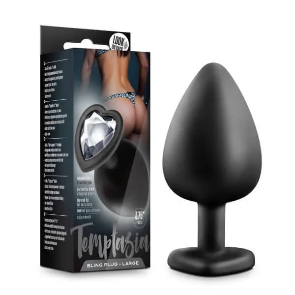 Temptasia Bling Plug Large – Black, Heart Base with Faux Gem, Body-Safe Silicone