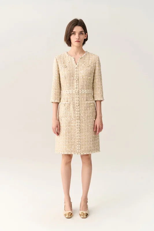 Three-quarter Sleeve Embellished Tweed Dress