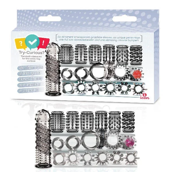 Try-Curious Cock Ring & Sleeve Set – Clear – 15 Piece Set