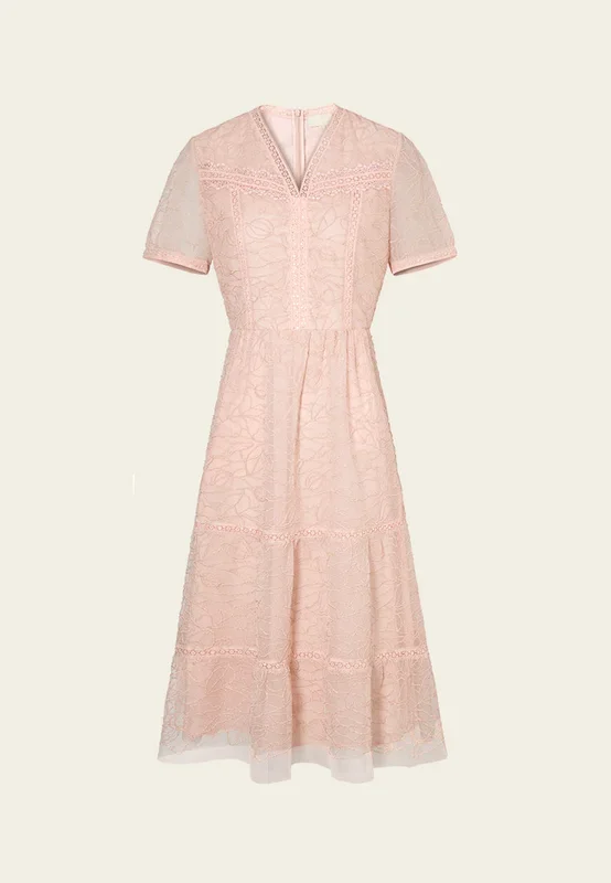 V-neck Panelled Plant-embroidery Mesh Dress