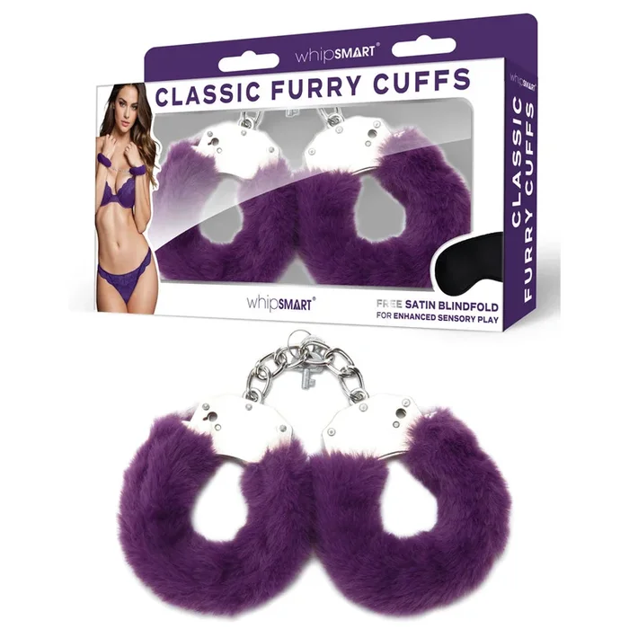 WhipSmart Classic Furry Cuffs – Purple – Purple Furry Restraints with Bonus Eye Mask