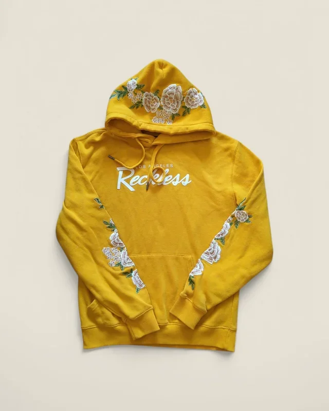 YOUNG & RECKLESS YELLOW FLORAL EMBROIDERED HOODIE LADIES MEDIUM PRE-LOVED